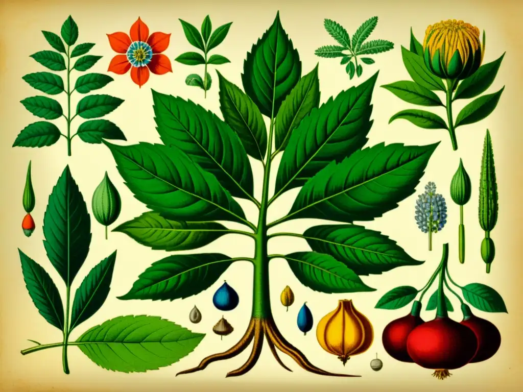 Detallada ilustración vintage de una planta medicinal en sección transversal, con raíces, tallo, hojas y flores en colores vibrantes