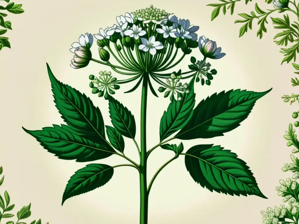 Detallada ilustración vintage de una planta de Valeriana para un sueño reparador, con raíces, hojas y flores en tonos suaves, transmitiendo tranquilidad y sabiduría herbal