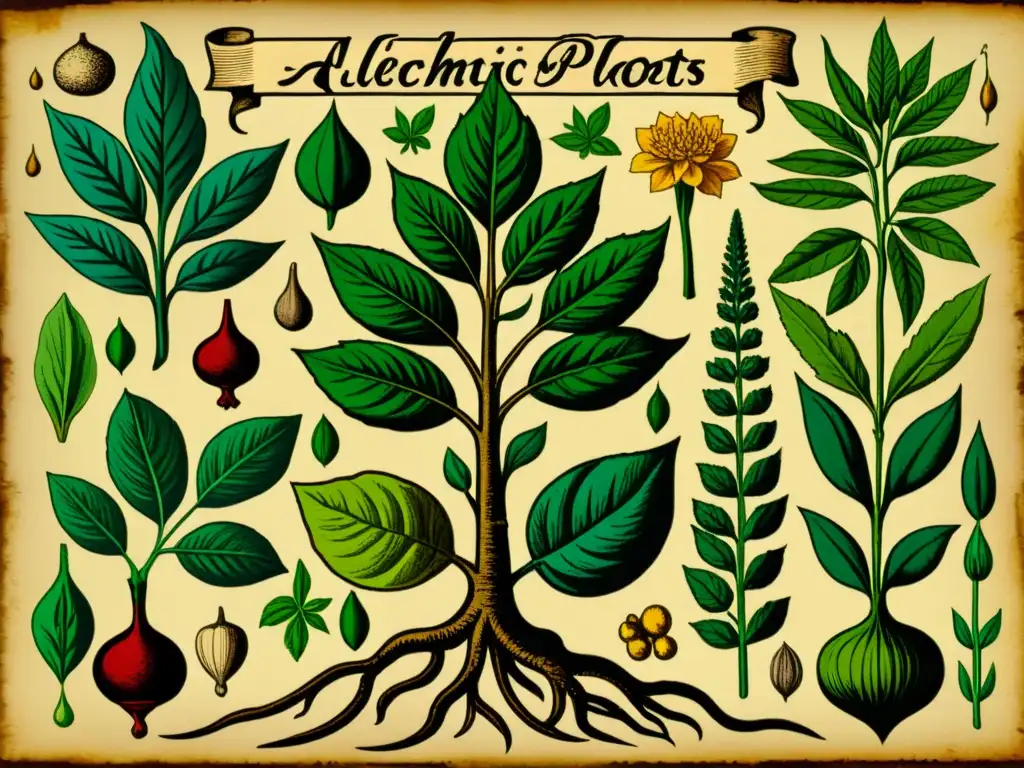 Detallada ilustración vintage de plantas alquímicas y hierbas con raíces, hojas y flores, presentando etiquetas caligráficas antiguas