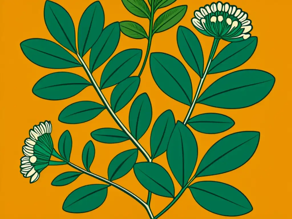 Detallada ilustración vintage de plantas de fenogreco en cálidos tonos terrosos, evocando sabiduría herbal tradicional