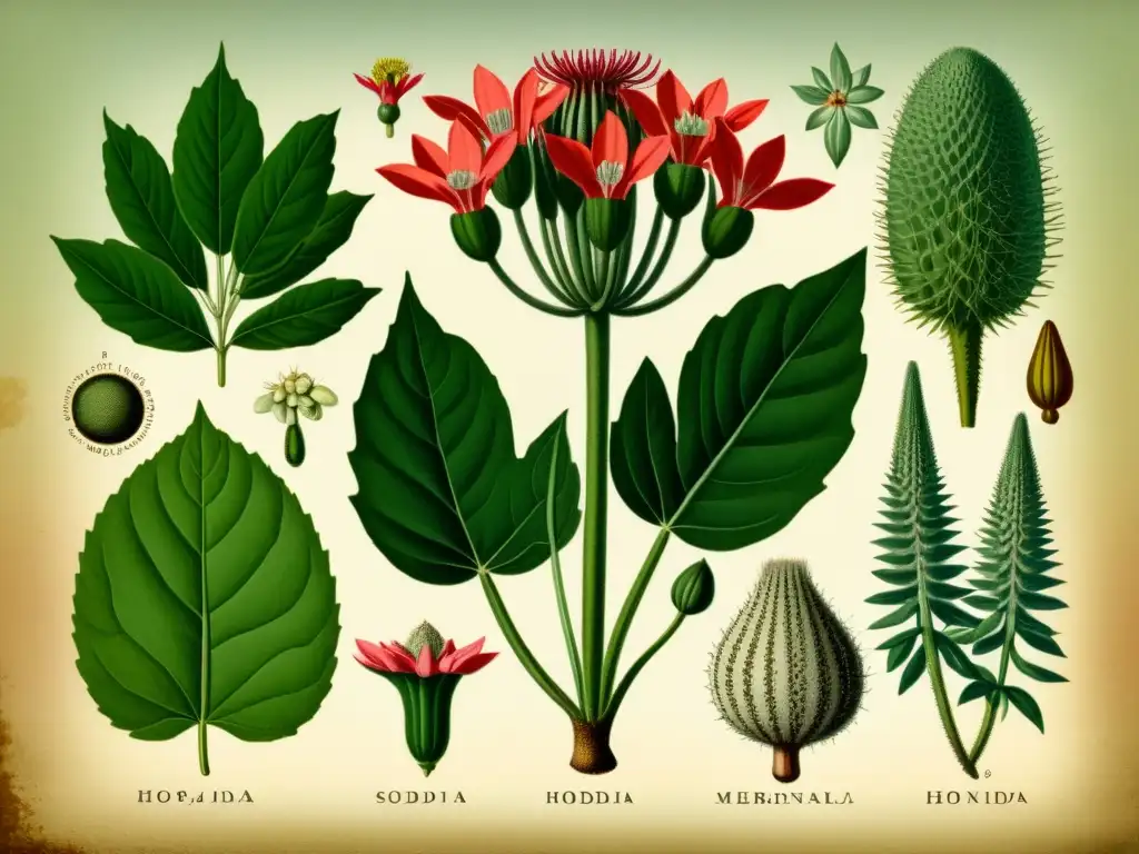 Detallada ilustración vintage de plantas medicinales africanas, evocando historia y tradición cultural con sus delicados trazos y tonos sepia