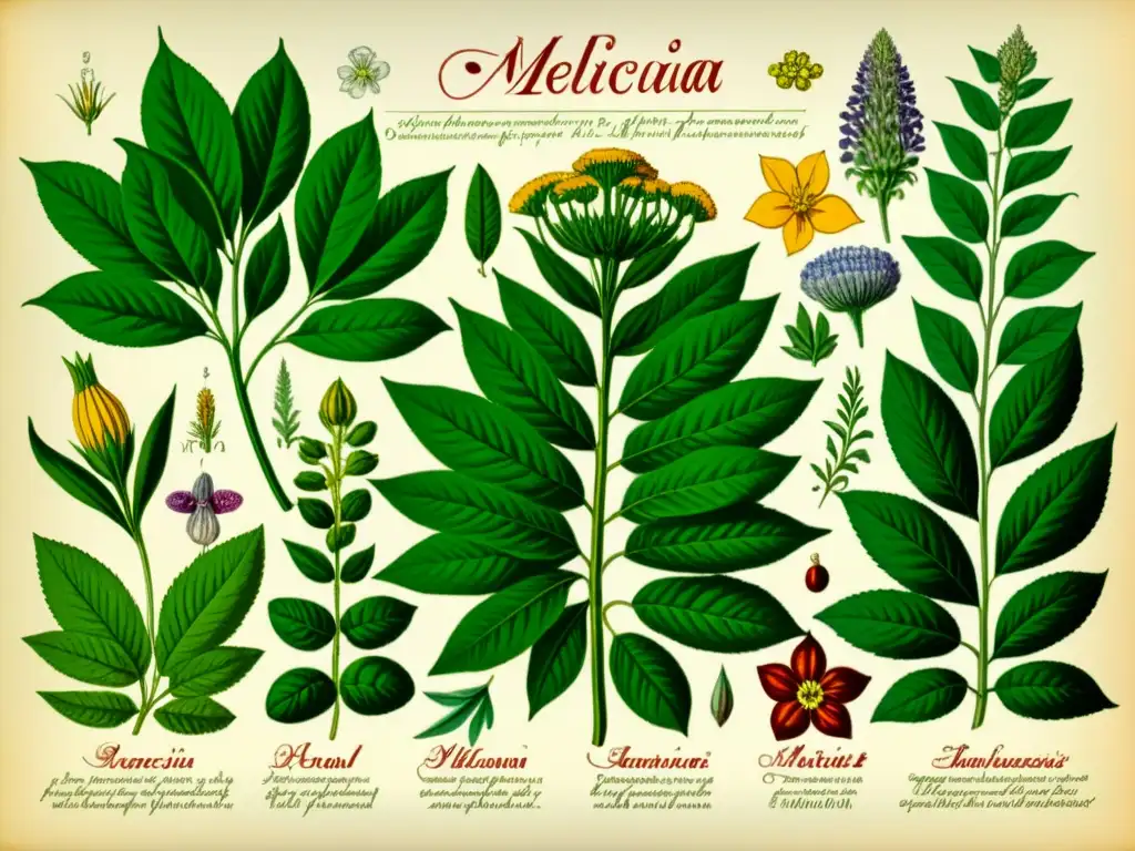 Detallada ilustración vintage de plantas medicinales ancestrales, con colores vibrantes y detalles intricados