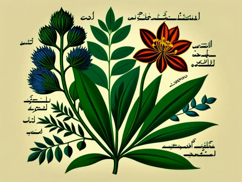 Ilustración detallada de plantas medicinales árabes con colores vibrantes y escritura árabe, evocando la influencia árabe en farmacopea moderna