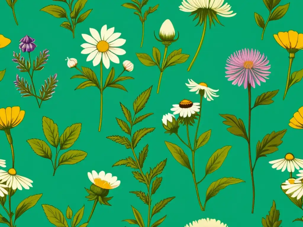 Una ilustración botánica vintage detallada de plantas medicinales, con colores vibrantes y líneas delicadas