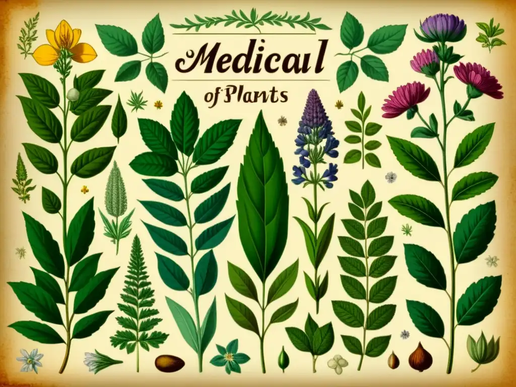 Una ilustración vintage detallada de plantas medicinales, con colores vibrantes y texturas intrincadas