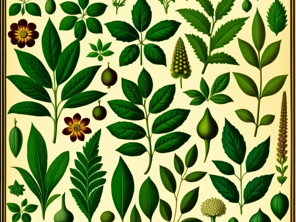 Una ilustración vintage detallada de plantas medicinales, con diversidad genética y bordes ornamentales, evocando tradición y historia