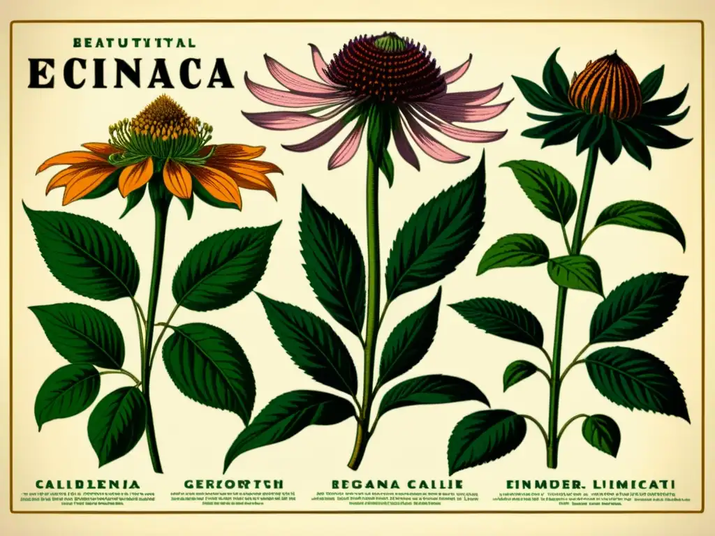 Una ilustración vintage detallada de plantas medicinales como equinácea, ginseng y saúco, con tonos terrosos y sabiduría atemporal