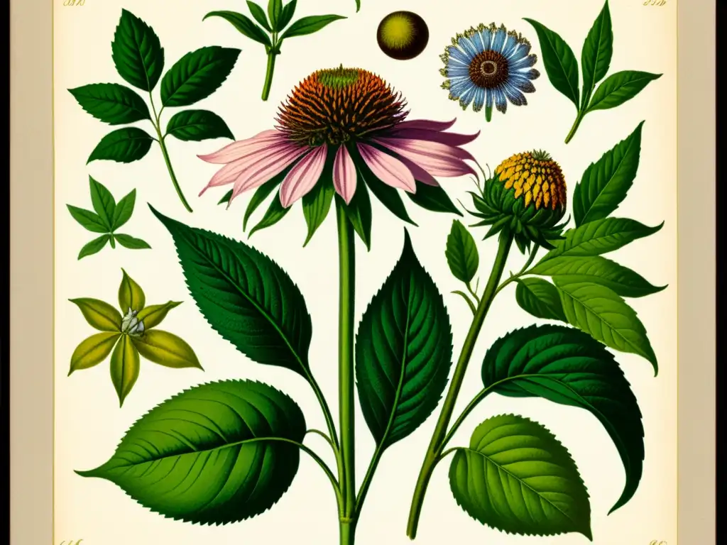 Una ilustración vintage detallada de plantas medicinales como equinácea, ginseng y saúco, en colores vibrantes y con un estilo exquisito