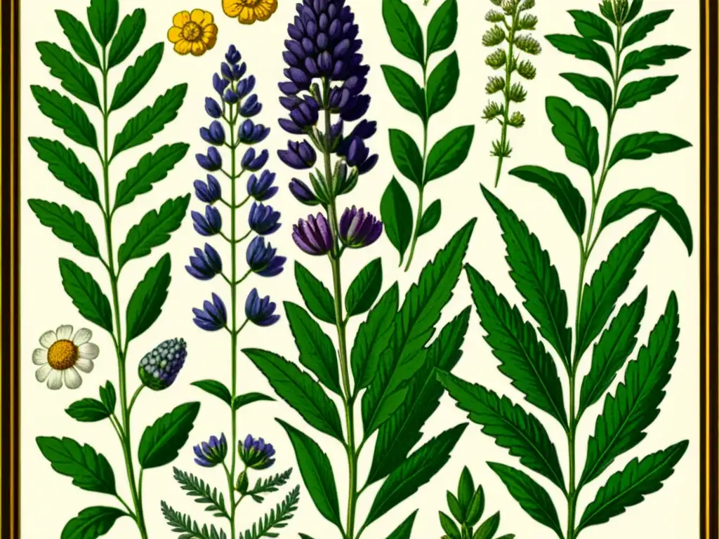 Detallada ilustración vintage de plantas medicinales europeas como lavanda, manzanilla y milenrama, con colores vibrantes y detalles intrincados