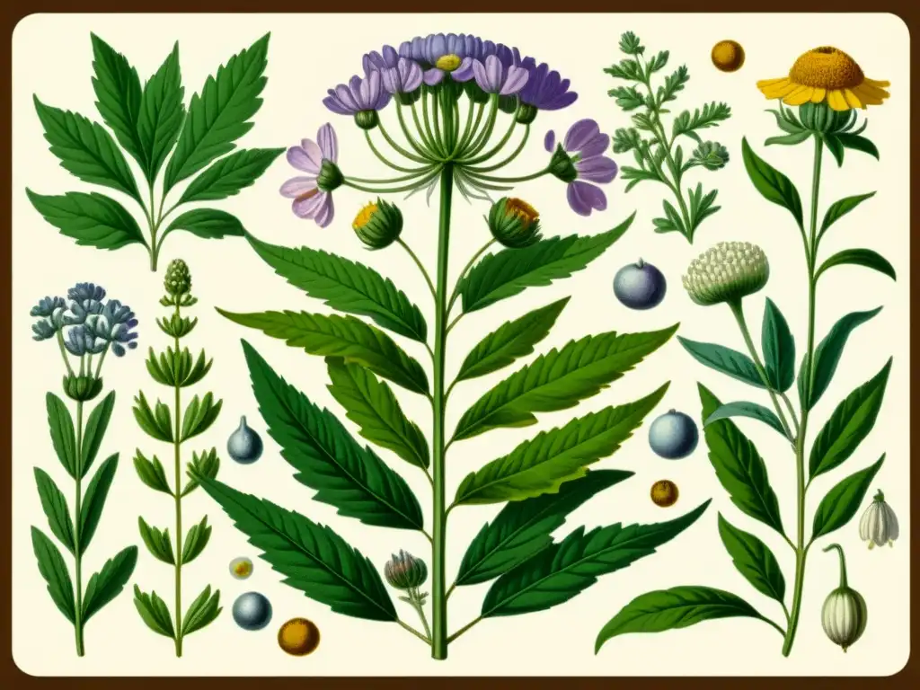 Ilustración vintage detallada de plantas medicinales europeas como manzanilla, lavanda y valeriana, con etiquetas de usos medicinales históricos