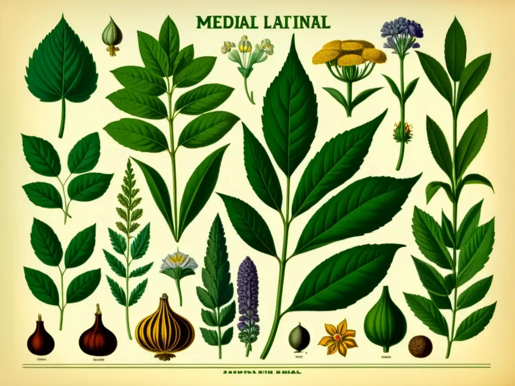 Una detallada ilustración vintage de plantas medicinales europeas, evocando la sabiduría y tradición de la fitoterapia y la medicina tradicional