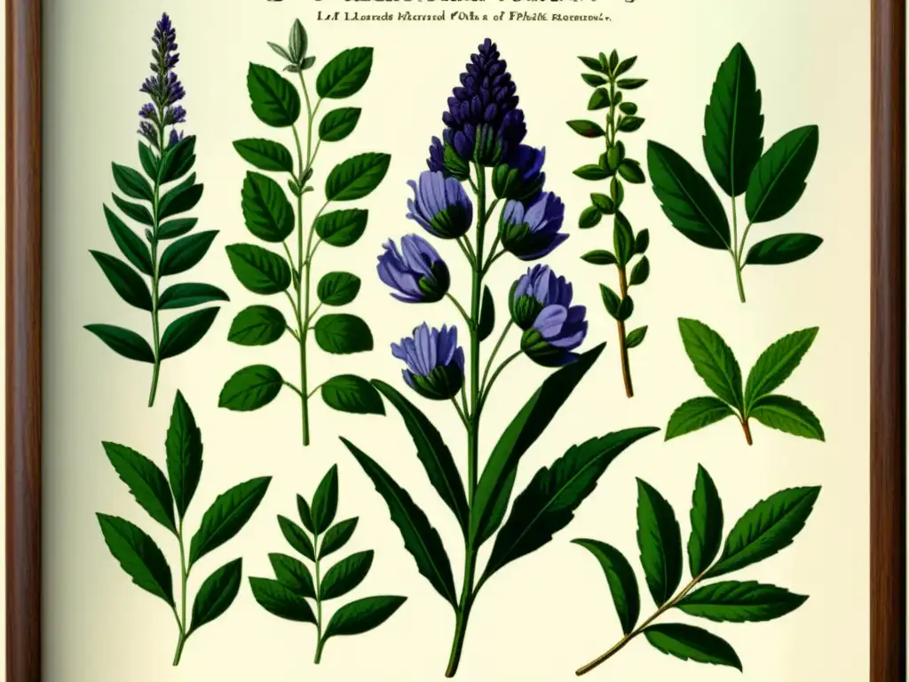 Detallada ilustración vintage de plantas medicinales en la historia, como lavanda, eucalipto, menta y romero