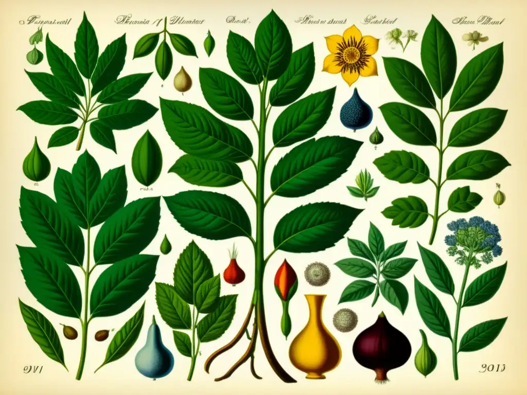 Una ilustración vintage detallada de plantas medicinales históricas, con raíces, hojas, flores y semillas en colores vibrantes