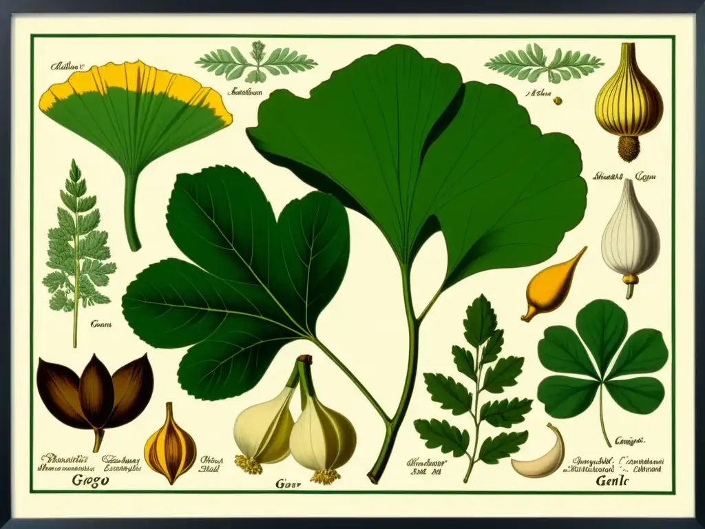 Una ilustración botánica vintage detallada de plantas medicinales junto a anticoagulantes, con colores vibrantes y nombres científicos