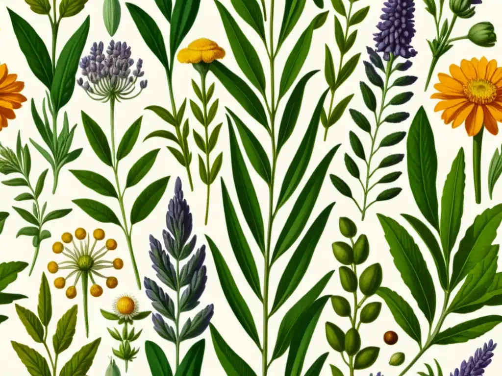 Una detallada ilustración vintage en 8k de plantas medicinales, como lavanda, manzanilla, sábila y caléndula, en tonos cálidos y detalles intrincados