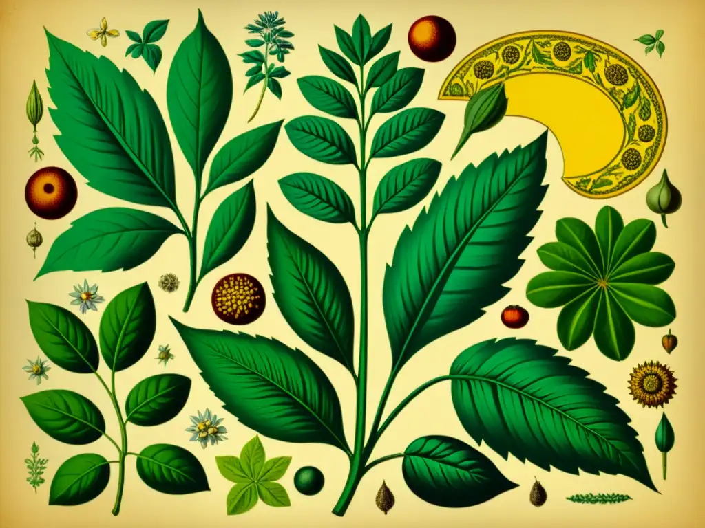 Una ilustración botánica vintage detallada en 8k de plantas medicinales, sobre pergamino envejecido