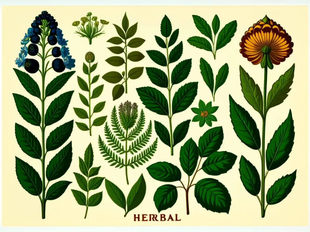 Detallada ilustración vintage de plantas medicinales, evocando sabiduría ancestral y el origen suplementos herbales medicina tradicional