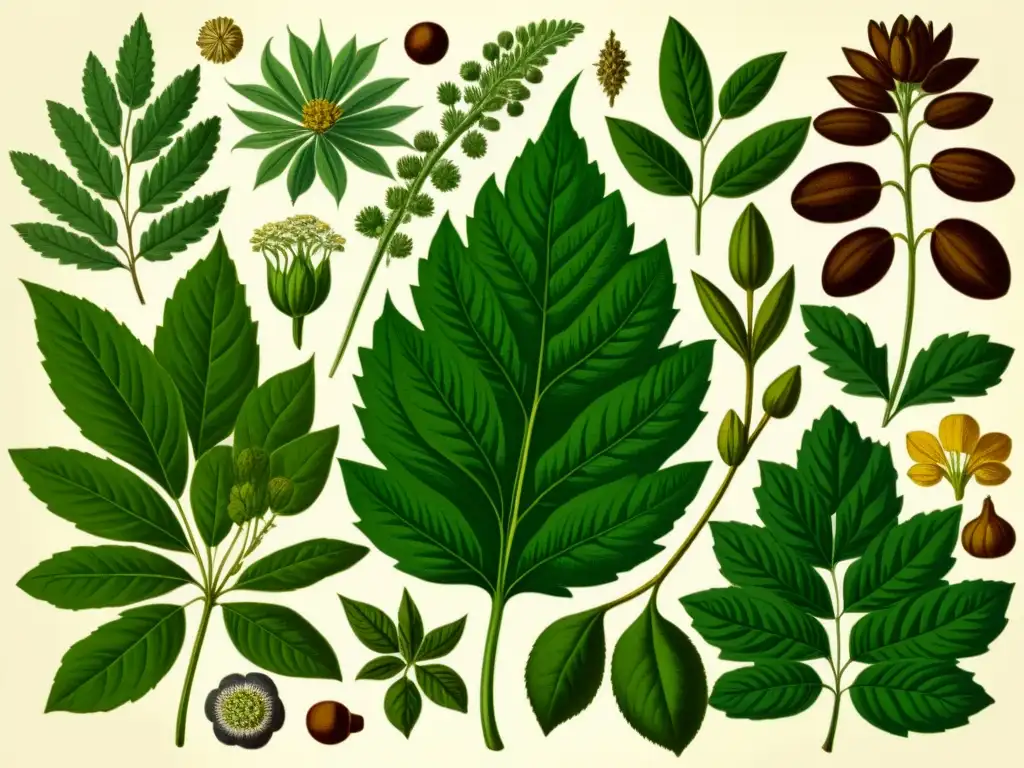 Una ilustración vintage detallada de plantas medicinales exudando sabiduría tradicional y conocimiento atemporal