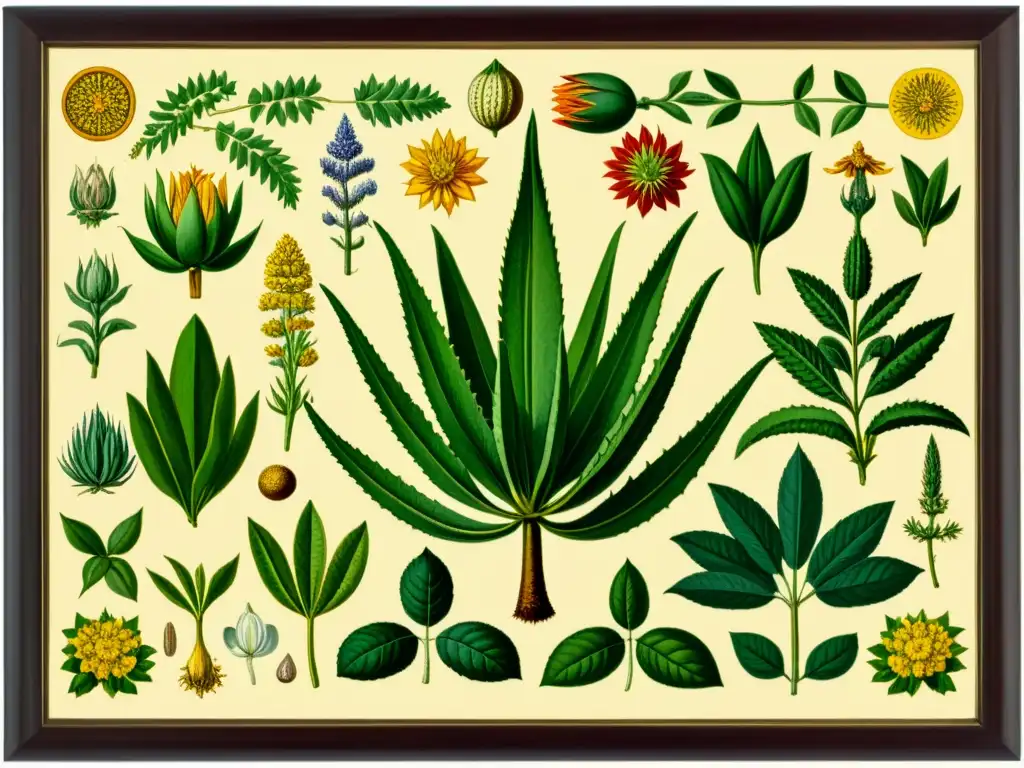 Una ilustración vintage detallada de plantas medicinales en textos sagrados, enmarcada en dorado