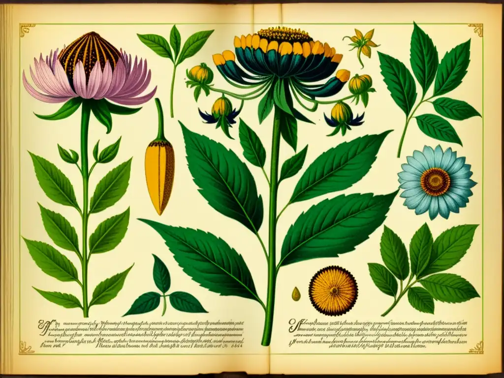 Una ilustración botánica detallada de plantas medicinales tradicionales en un pergamino envejecido, evocando la conexión atemporal entre la naturaleza y la medicina tradicional