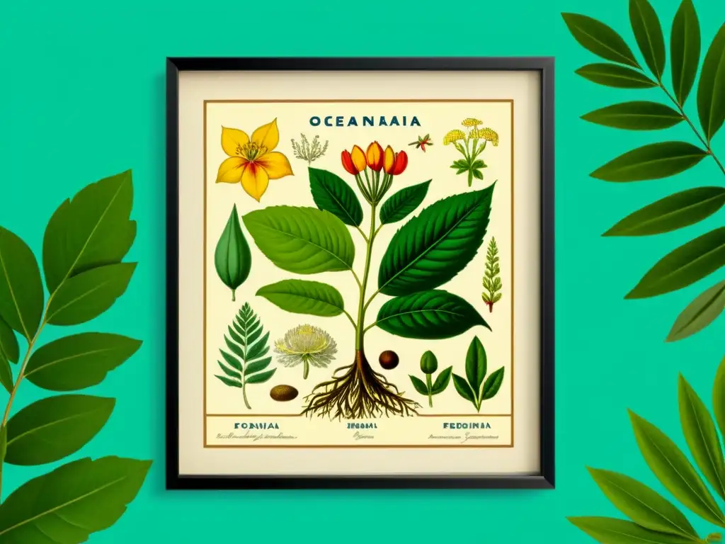 Detallada ilustración botánica de plantas medicinales de Oceanía