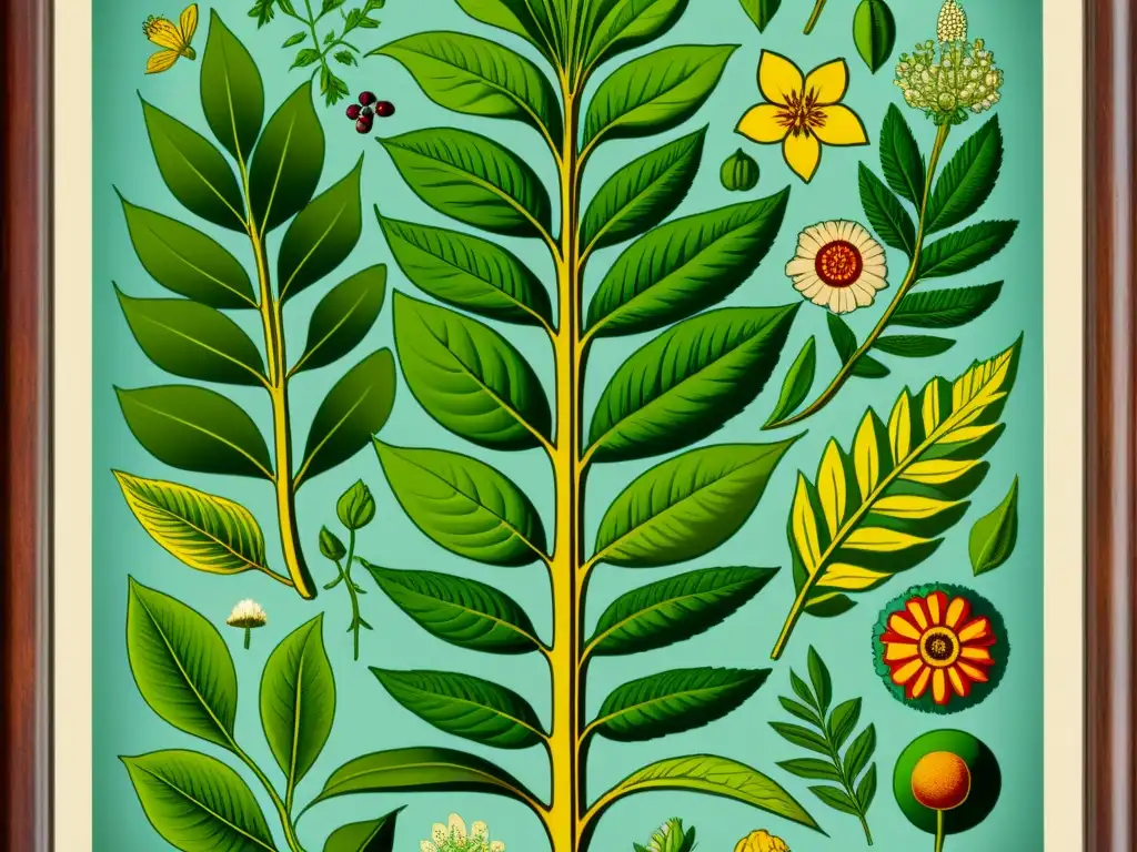 Detallada ilustración vintage de plantas psicoactivas en medicina tradicional, con colores vibrantes y detalles botánicos meticulosos