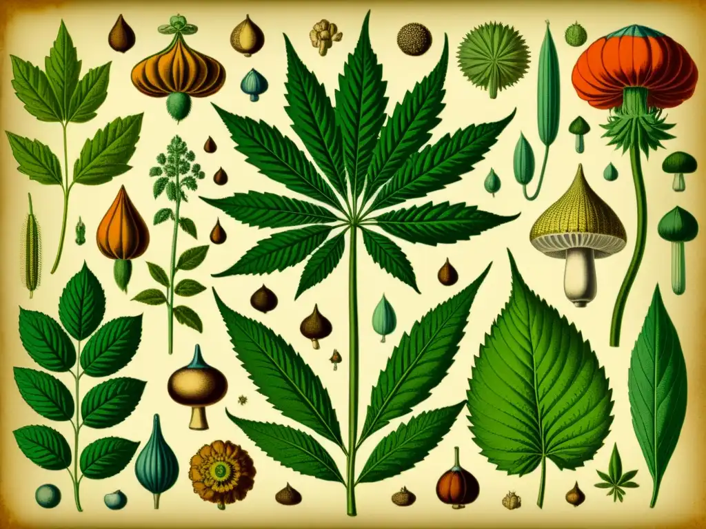 Detallada ilustración vintage de plantas psicoactivas en medicina tradicional, con cannabis, adormidera, peyote y hongos mágicos