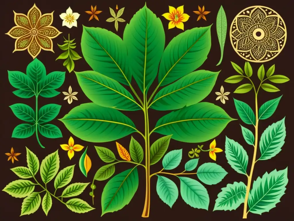 Ilustración detallada de plantas sagradas usadas en cantos medicinales amazónicos