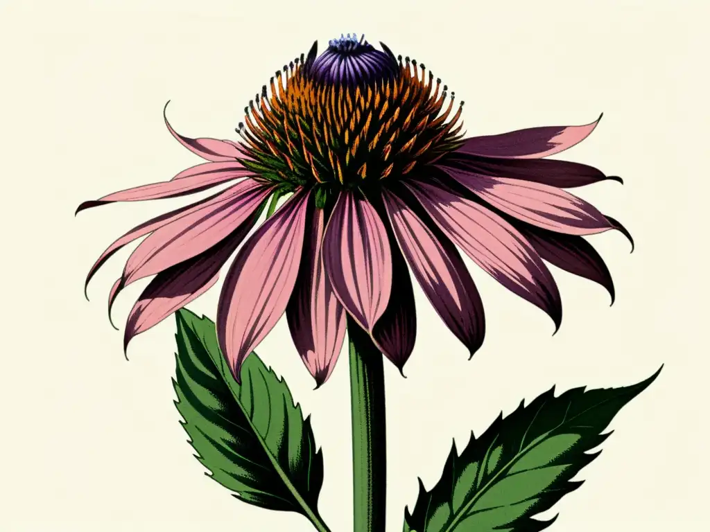 Detallada ilustración vintage de Echinacea purpurea en plena floración, evocando nostalgia y sabiduría