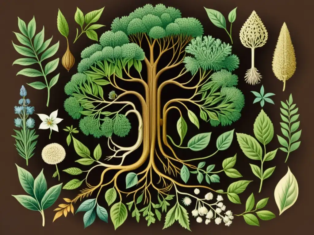 Detallada ilustración vintage de raíces entrelazadas de hierbas medicinales en tonos terrosos, mostrando el origen y migración de plantas medicinales