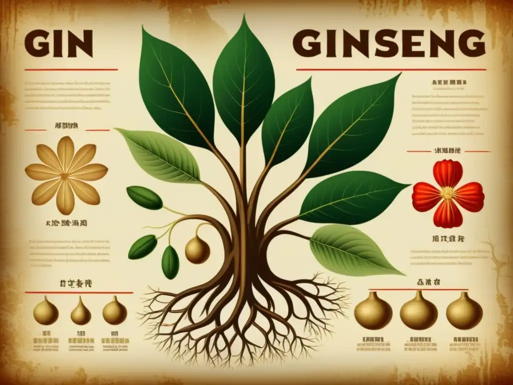 Una ilustración vintage detallada de raíces de ginseng utilizadas en la medicina tradicional china