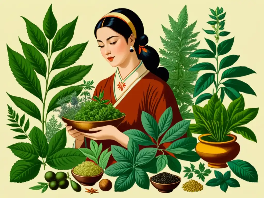 Avicena: Sabiduría herbal en ilustración vintage Una ilustración vintage detallada de Avicena rodeado de hierbas y plantas, con una paleta cálida que irradia sabiduría antigua y conocimiento herbal