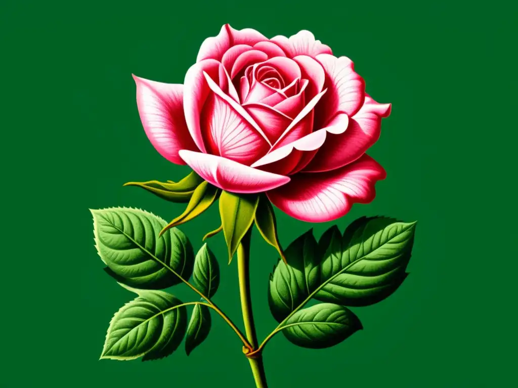 Detallada ilustración vintage de una rosa en plena floración, evocando la exploración botánica histórica