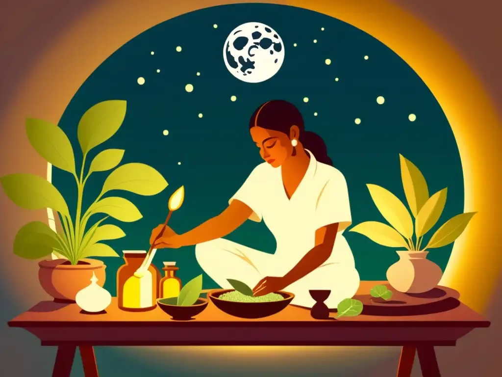 Un ilustración detallada de un sanador de medicina ayurvédica preparando remedios bajo la influencia lunar, rodeado de plantas y herramientas curativas