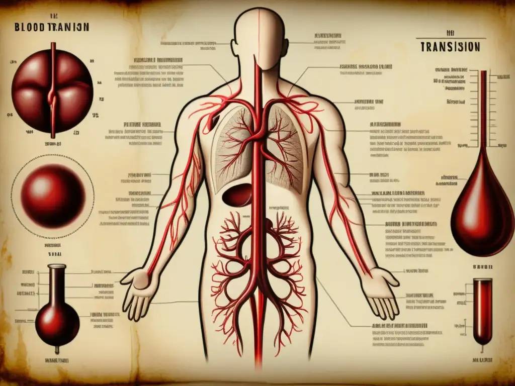 Ilustración médica vintage detallada de transfusión de sangre en la historia, con venas y arterias en tonos sepia envejecidos