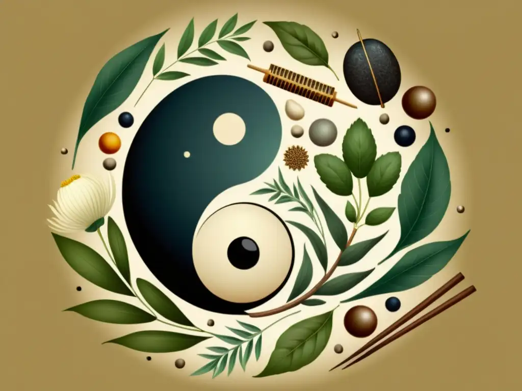 Una ilustración vintage detallada del símbolo Yin y Yang rodeado de hierbas de medicina tradicional china y herramientas de acupuntura