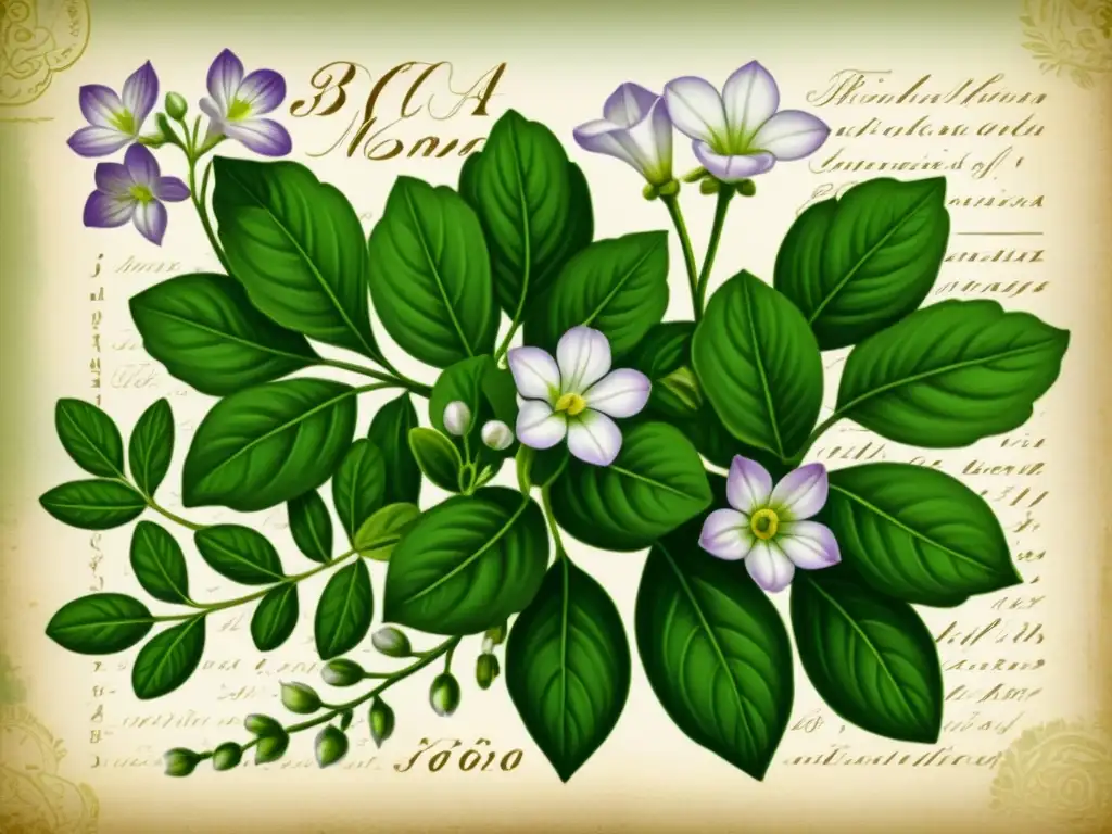 Detallada ilustración vintage de Bacopa Monnieri en tonos morados y verdes, con un fondo de antiguos escritos y bocetos botánicos