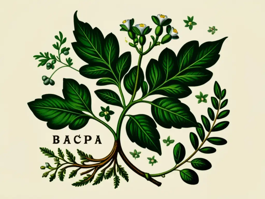 Detallada ilustración vintage de Bacopa Monnieri en tonos tierra, evocando historia y sabiduría con su uso antiguo para la mejora cognitiva