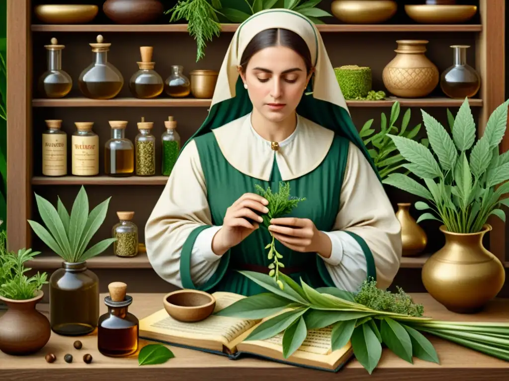 Ilustración detallada en 8k de Trotula de Salerno, pionera en medicina tradicional mujer Edad Media