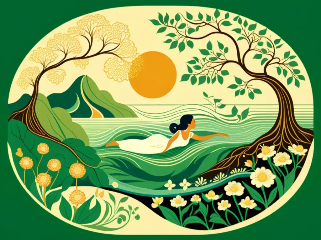 Transición serena: ilustración vintage de vida y muerte en la naturaleza Ilustración detallada de transición de vida a muerte con elementos naturales y serenidad, capturando la perspectiva ayurvédica sobre la muerte