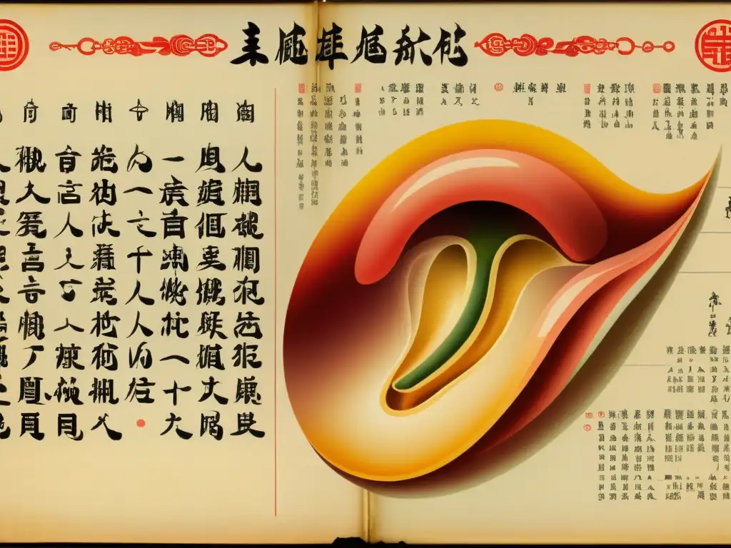 Detallado mapa de la lengua en una antigua carta médica china, resaltando la importancia del mapa de la lengua en la medicina tradicional china