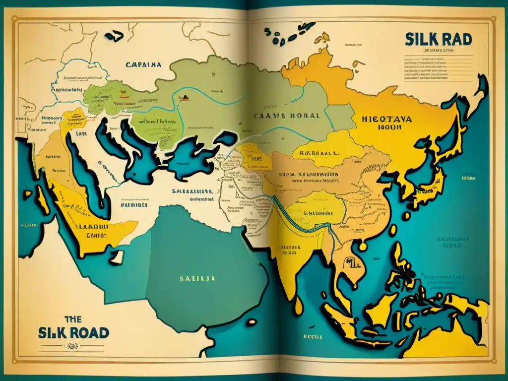 Detallado mapa vintage de la Ruta de la Seda, con rutas, ciudades y paisajes antiguos