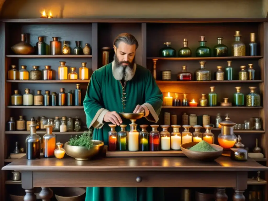 Detalle de una antigua tienda de boticario medieval con frascos de colores y un boticario barbudo midiendo ingredientes en una balanza