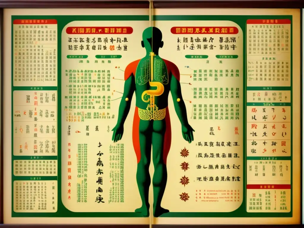 Detalle de antiguo gráfico médico chino, con meridianos, puntos de acupuntura y remedios herbales, en llamativos colores y caligrafía, representando los ciclos tiempo medicina tradicional china