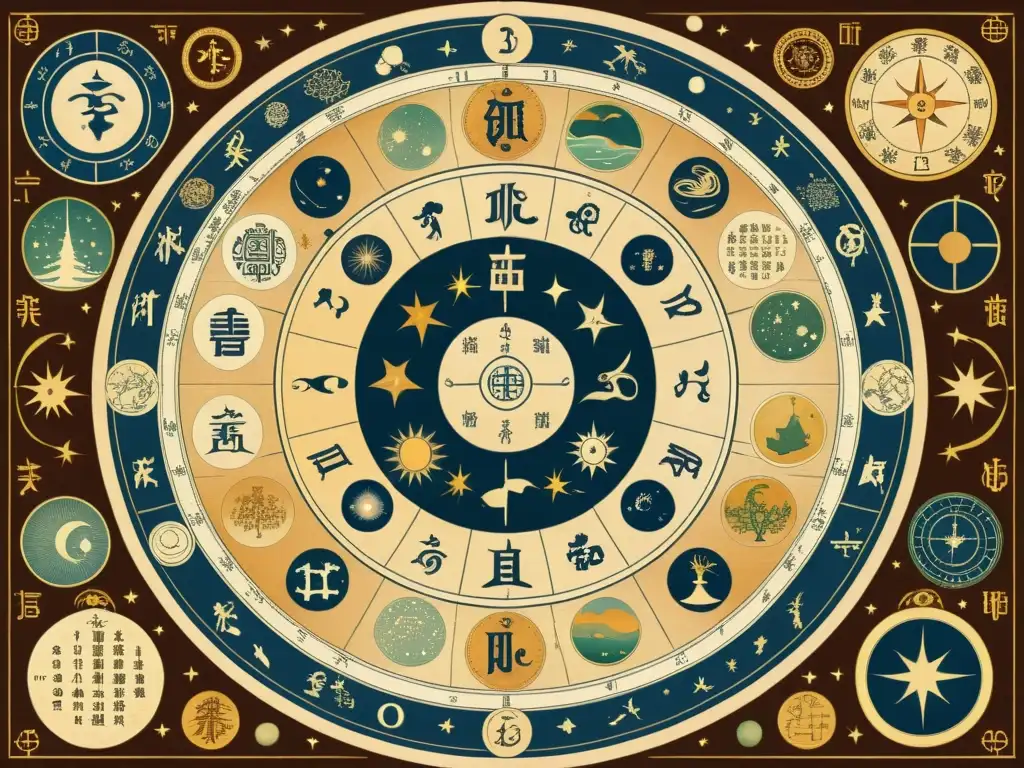 Detalle de un antiguo mapa celestial chino con símbolos del zodiaco y medicina tradicional, exudando sabiduría y misticismo