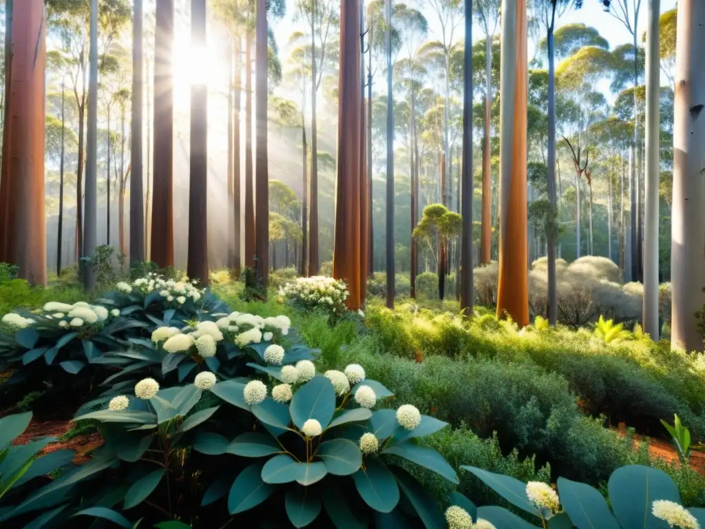 Detalle de un bosque de eucaliptos en Australia con flora medicinal australiana historia, bañado por cálida luz dorada