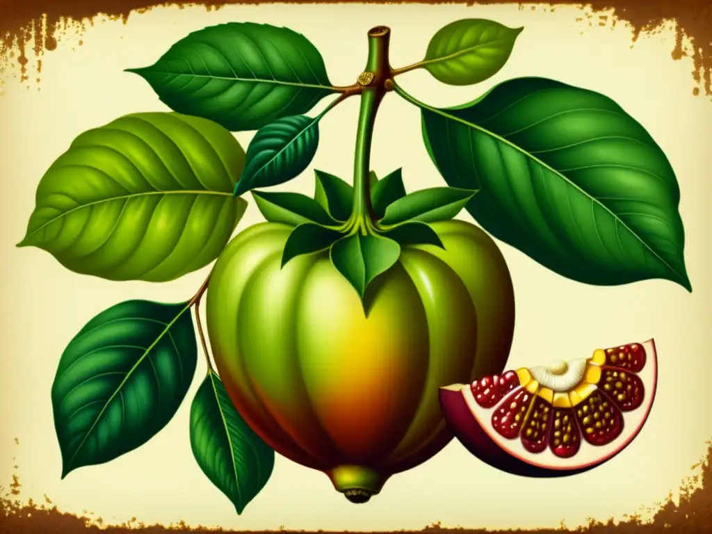 Detalle botánico vintage de la fruta Garcinia Cambogia y sus componentes activos, en tonos terrosos