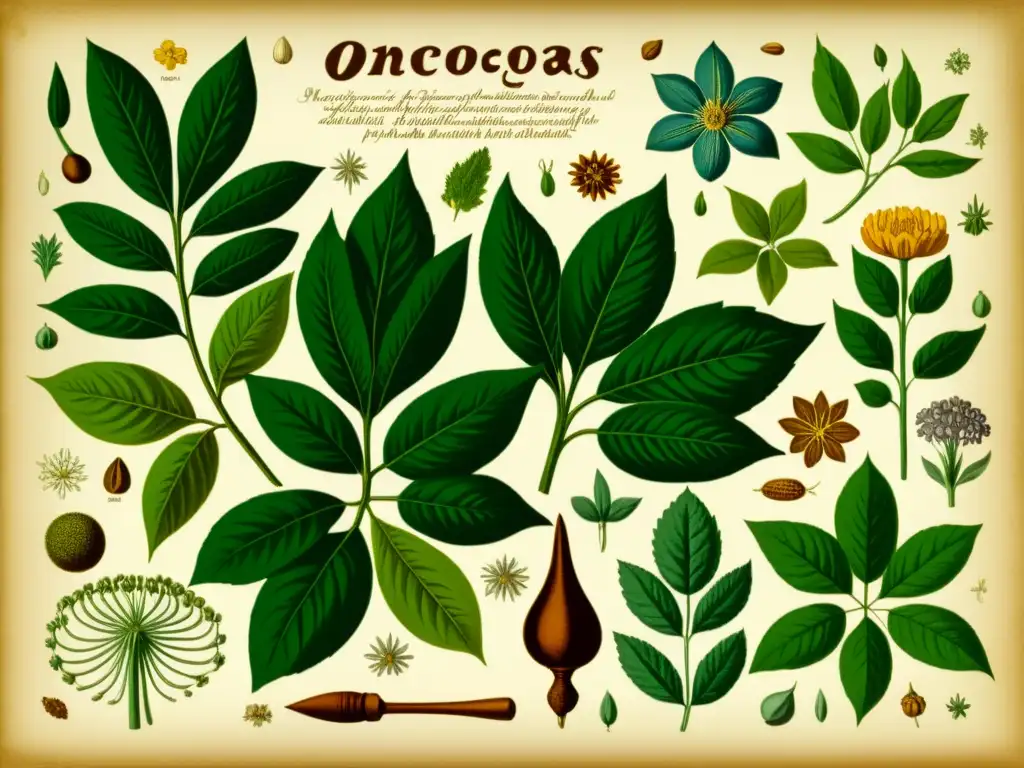 Detalle botánico vintage de plantas medicinales usadas en fitofármacos en oncología