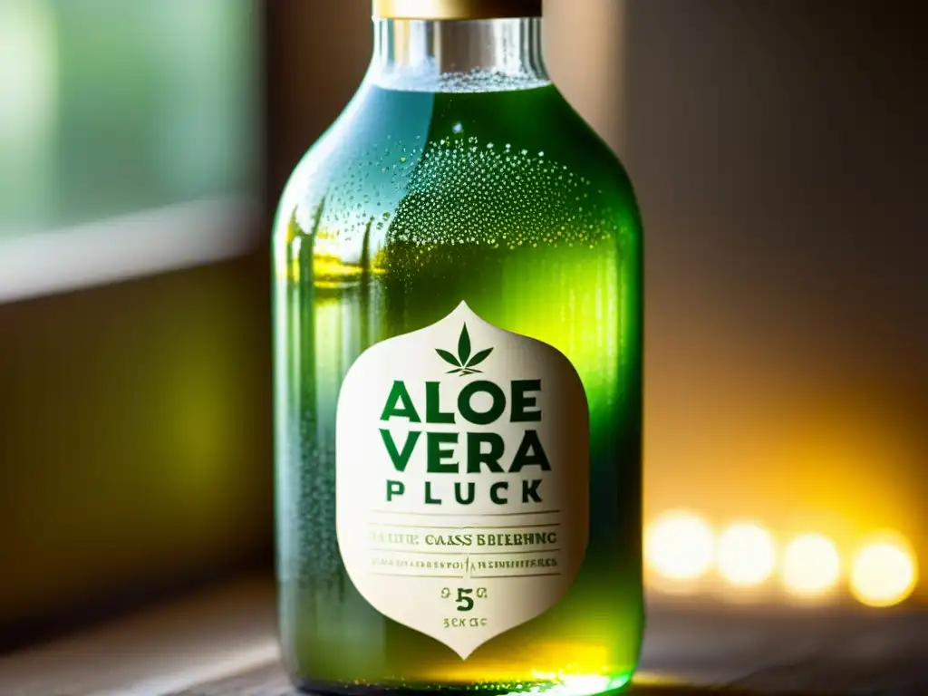 Detalle de una botella vintage de jugo de aloe vera, con tonos dorados naturales