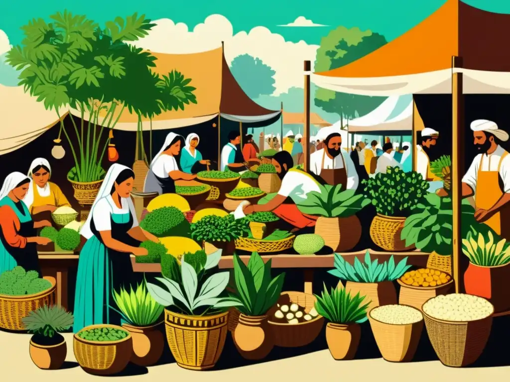 Detalle de ilustración vintage de un bullicioso mercado con puestos de plantas medicinales